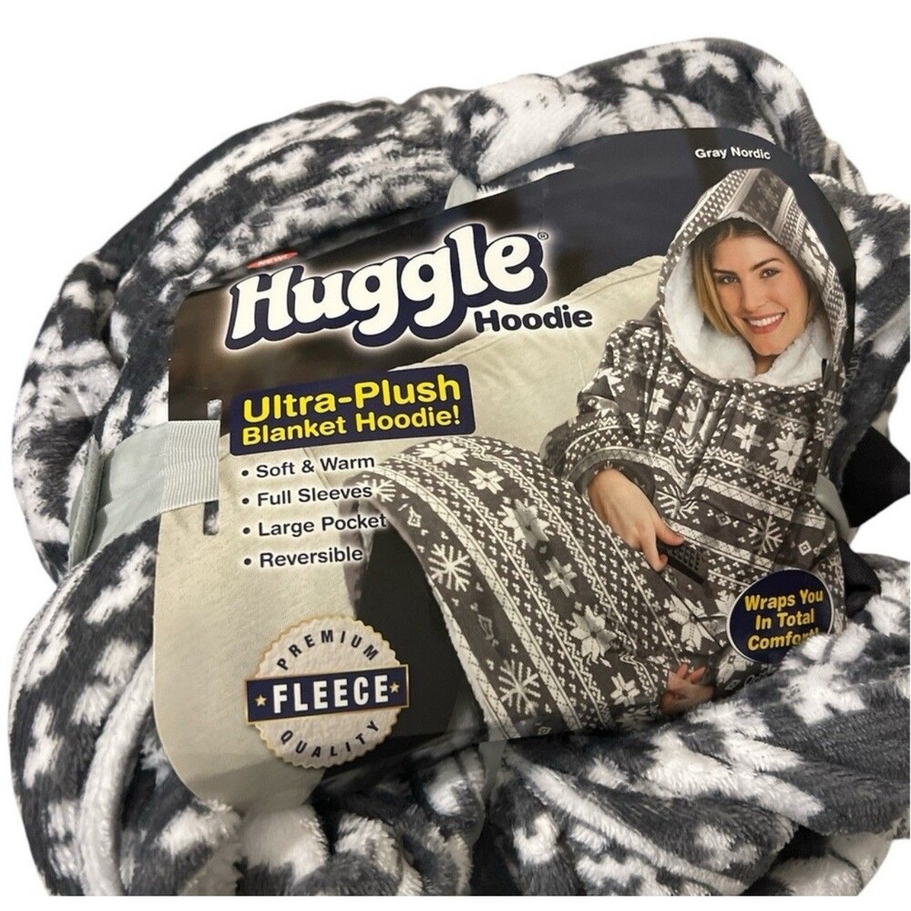 Huggle Hoodie, Fleece & Sherpa Wearable Blanket Hoodie, Gray & White